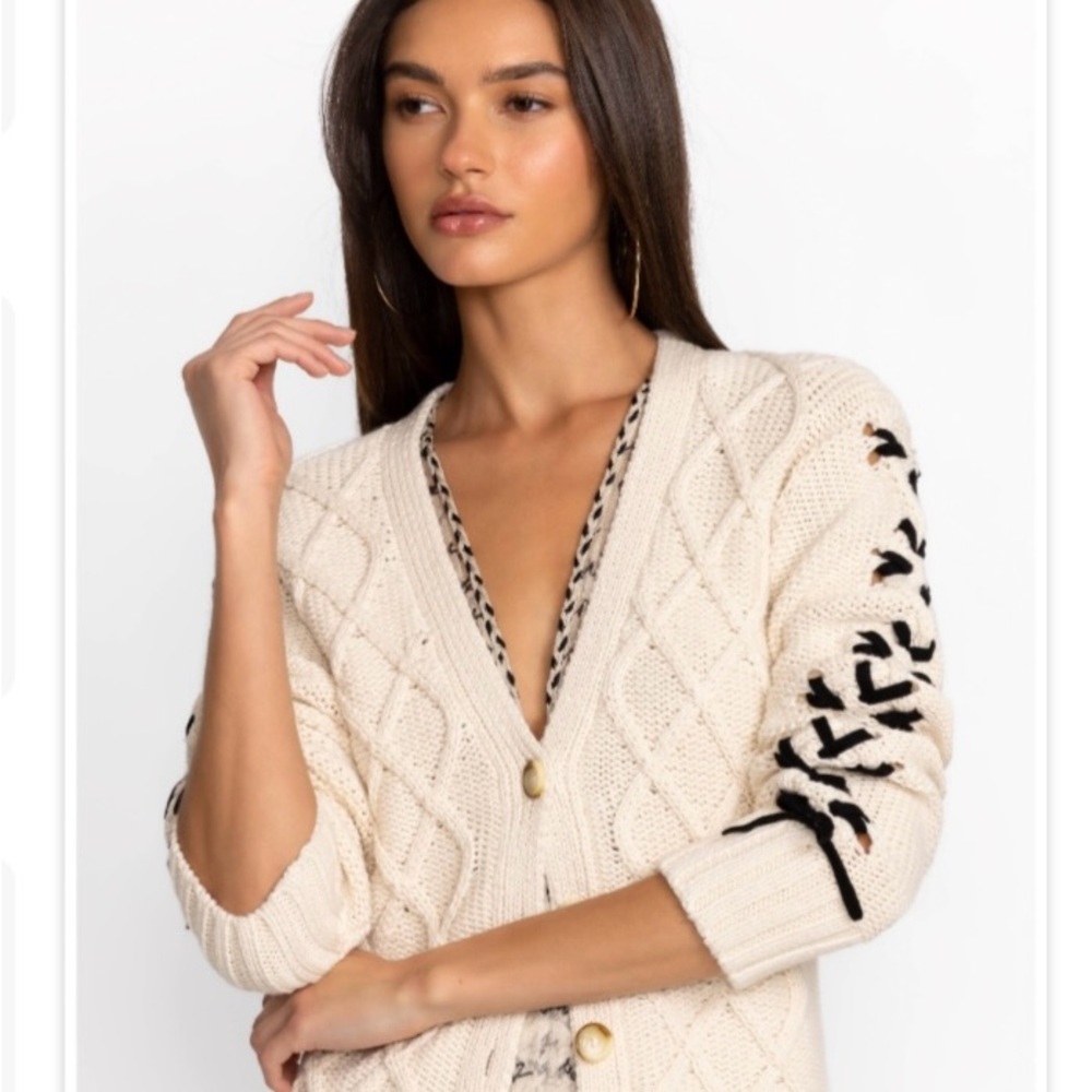 JOHNNY WAS Cream Cardigan with Geometric Pattern